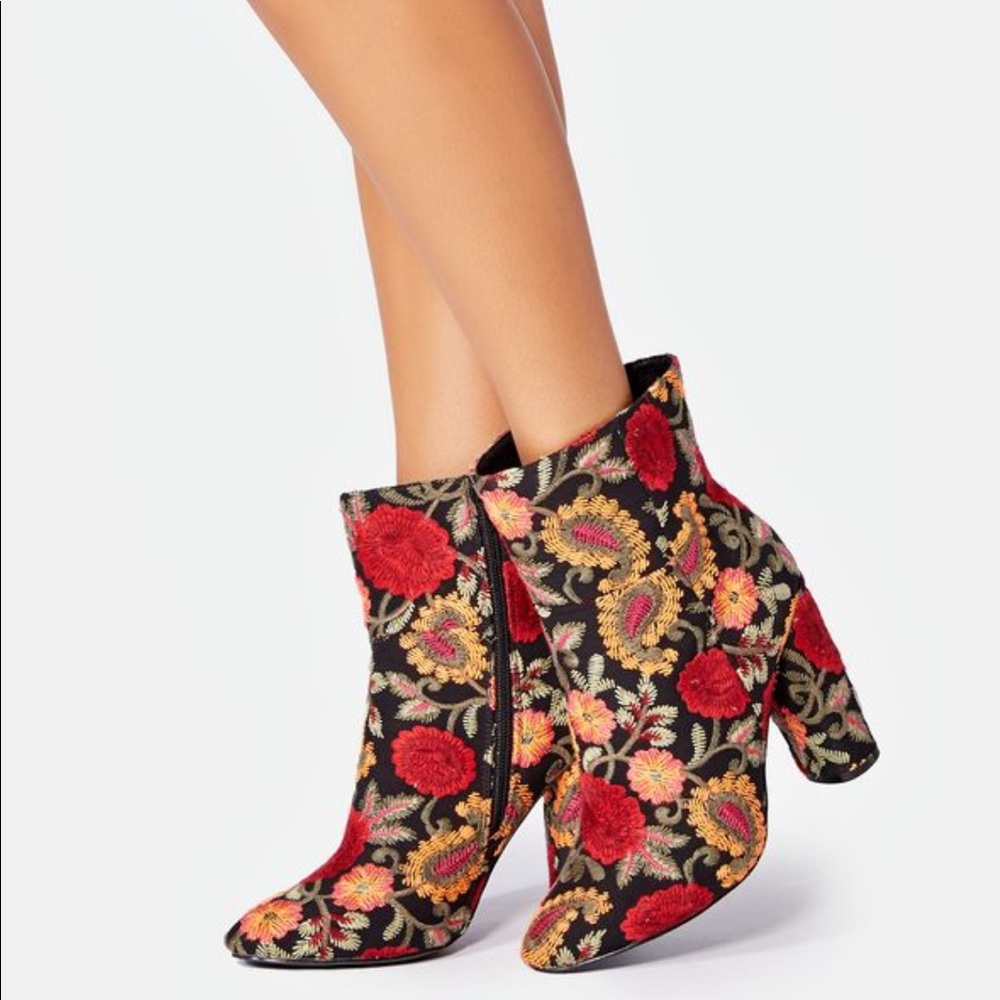 Floral Embroidered Block Heeled Booties